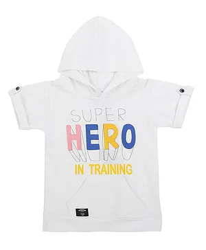 Actuel Half Sleeves Super Hero In Training Text Placement Printed Hooded Tee With Front Pocket - White