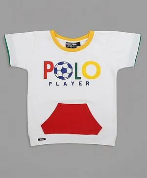 Actuel Half Sleeves Polo Player Text & Football Printed Tee With Front Pocket - White