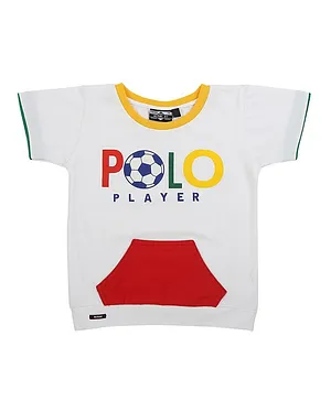 Actuel Half Sleeves Polo Player Text & Football Printed Tee With Front Pocket - White