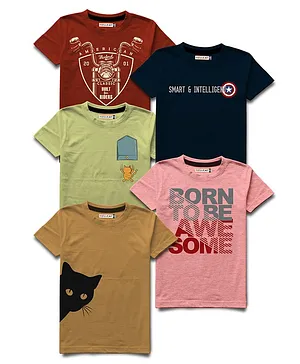 Hellcat Pack Of 5 Placement Striped & Text With Cat & Bike Printed Tees - Brown Pink & Maroon