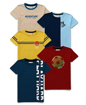 Hellcat Pack Of 5 Striped & Placement Text With Football & Cat Printed Tees - Red Yellow & Blue