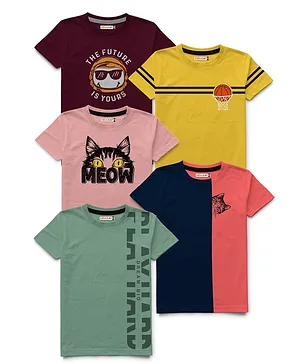 Hellcat Pack Of 5 Placement Text With Cat & Basketball Printed Tees - Pink Yellow & Blue