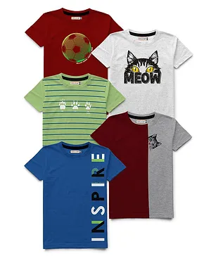 Hellcat Pack Of 5 Striped & Placement Text With Cat & Football Printed Tees - Maroon Grey & Blue