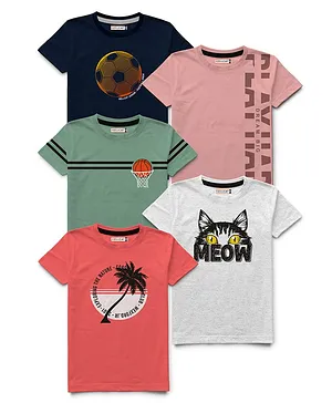 Hellcat Pack Of 5 Placement Text With Basketball & Football Printed Tees - Pink Grey & Green