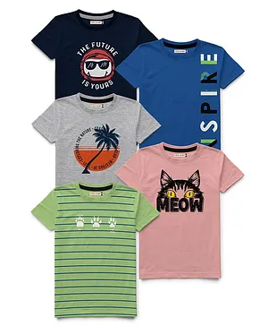 Hellcat Pack Of 5 Striped & Placement Text With Cat & Tree Printed Tees - Green Grey & Blue