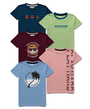 Hellcat Pack Of 5 Striped & Placement Text With Coconut Tree & Paw Printed Tees - Maroon Grey & Blue