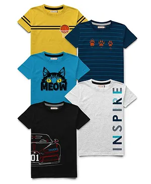 Hellcat Pack Of 5 Striped & Placement Text With Cat & Car Printed Tees - Yellow Black & Blue