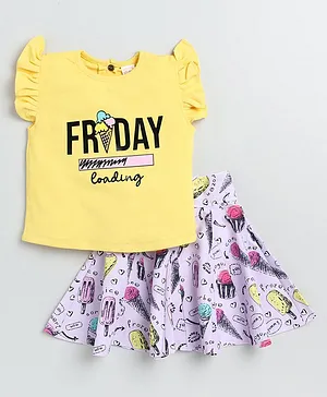 Nottie Planet Cap Sleeves Friday Loading & Ice Cream Printed Top & Skirt Set - Yellow & Pink