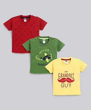Nottie Planet Pack Of 3 Half Sleeves Lets Fly Together Text With Car & Moustache Prnited Tees - Red Green & Yellow