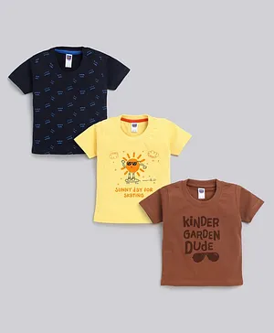 Nottie Planet Pack Of 3 Half Sleeves Kinder Garden Dude Text With Sunglasses Printed Tees - Yellow Brown Blue