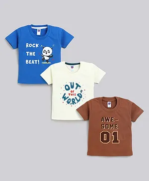Nottie Planet Pack Of 3 Half Sleeves Rock The Beat Text With Panda Printed Tees - Blue Brown & Lemon Yellow
