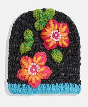MayRa Knits Hand Knitted Flower And Beads Embellished Cap - Grey