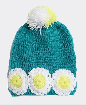 MayRa Knits Hand Knitted Flower And Pom Pom Detail Cap - Sea Green