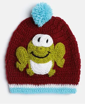 MayRa Knits Hand Knitted Frog Detail Cap - Maroon
