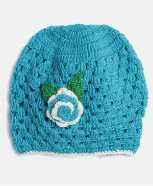 MayRa Knits Hand Knitted Flower Detail Cap - Blue