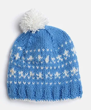 MayRa Knits Hand Knitted Pom Pom And Design Detail Cap - Blue