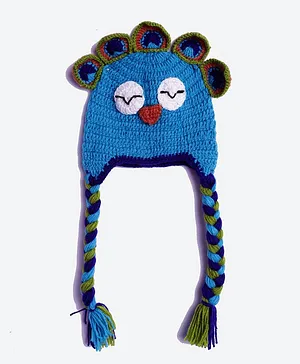 MayRa Knits Hand Knitted Peacock Detail Cap - Blue
