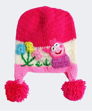 MayRa Knits Hand Knitted Cap Flower And Animal Detail Cap - Pink
