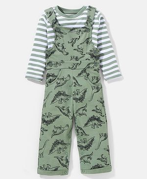 Babyhug 100% Cotton Dungaree With Full Sleeves Inner T-Shirt Dino Print & Striped - Green