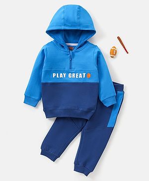 Babyhug Cotton Full Sleeves Text Print Hooded T-Shirt And Lounge Pant Set - Blue & Navy Blue