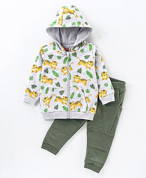Babyhug 100% Cotton Full Sleeves Hoodie And Lounge Pant Set Tiger Print - Grey & Green