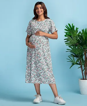 Bella Mama Woven Short Sleeves Maternity Dress Floral Print With Pocket - Light Green