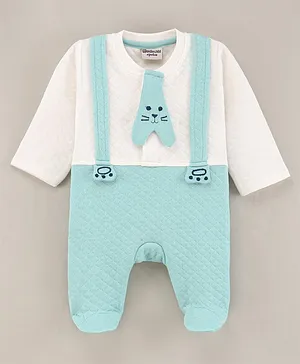 Wonderchild Full Sleeves Tie And Suspender Detail Quilted Style Romper - Sea Green