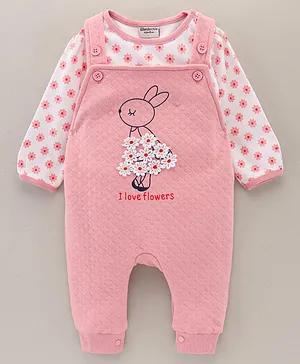 Wonderchild Full Sleeves Floral Printed & Embroidered Checkered Self Design Top With Dungaree  - Pink