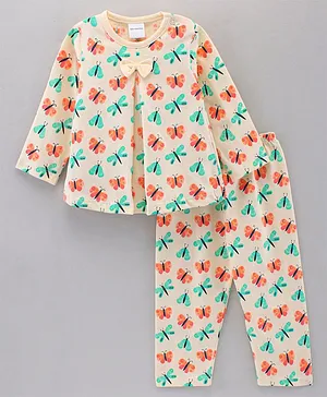 Wonderchild Full Sleeves All Over Butterflies Printed Night Suit  - Lemon Yellow