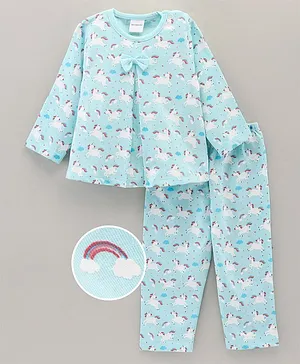 Wonderchild Full Sleeves All Over Unicorn Printed Night Suit  - Blue