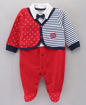 Wonderchild Full Sleeves Striped & Anchor Printed Jacket Style Romper  - Red