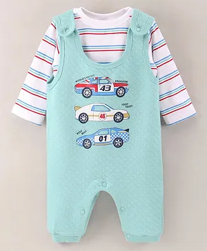 Wonderchild Full Sleeves Multi Colour Striped Tee With Racing Cars Printed Romper - Green