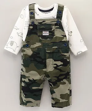 Wonderchild Full Sleeves Elephant Printed Tee with Camouflage Printed Dungaree - Olive Green