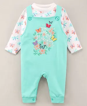 Wonderchild Full Sleeves All Over Butterfly Printed Top With Text Flower Placement Printed Romper - Sea Green