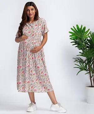 Bella Mama Half Sleeves Maternity Nursing Dress Floral Print - Green