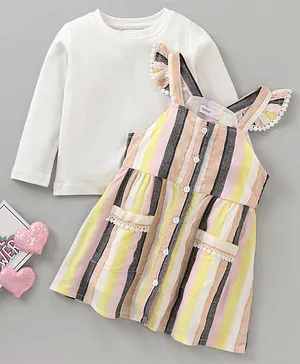 Babyoye Cotton Woven Cap Sleeves Striped Frocks with Full Sleeves Inner T-Shirt - Multicolour