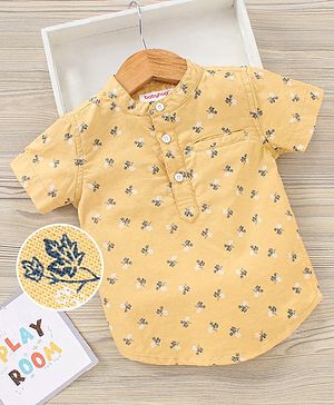 Babyhug Boys Half Sleeves Oxford Kurta Floral Print Shirt - Yellow