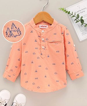 Babyhug 100% Cotton Full Sleeves Kurta Shirt Camp Fire Print - Orange