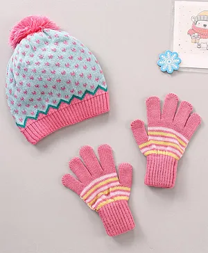 Model Woollen Gloves & Cap Set Blue Pink - Diameter 9 cm