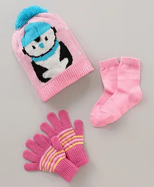 Model Woollen Cap Gloves & Socks Set Penguin Print Pink - Diameter 9 cm