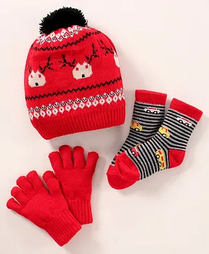 Model Woollen Blend Gloves & Socks Set Stripes Design Red - Diameter 13 cm