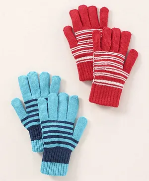 Model Woolen Gloves Set Stripes Design Pack of 2 - Red Blue