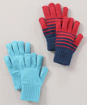 Model Woolen Gloves Combo Stripes Design & Solid - Red Blue