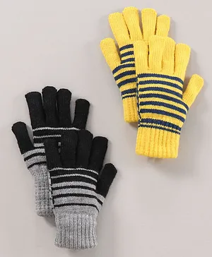 Model Woolen Gloves Set Stripes Design - Yellow Grey