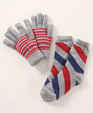 Model Woolen Gloves & Socks Set Cat & Stripes Design - Grey