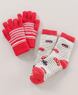 Model Woolen Gloves & Socks Set Car & Stripes Design - Red