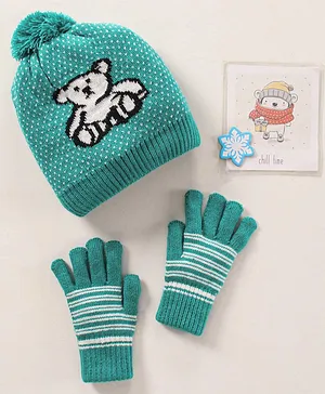 Model Woolen Cap & Gloves Set Teddy Bear Design Green - Diameter 13 cm