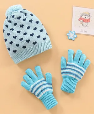 Model Woolen Cap & Gloves Set Heart Design Blue - Diameter 12 cm