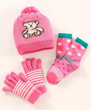 Model Woollen Blend Gloves & Socks Set Teddy Design Pink - Diameter 13 cm