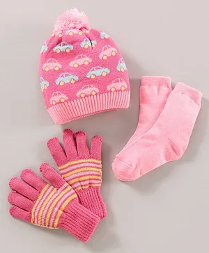 Model Woolen Cap Gloves & Socks Set Cars & Stripes Design Pink - Diameter 12 cm